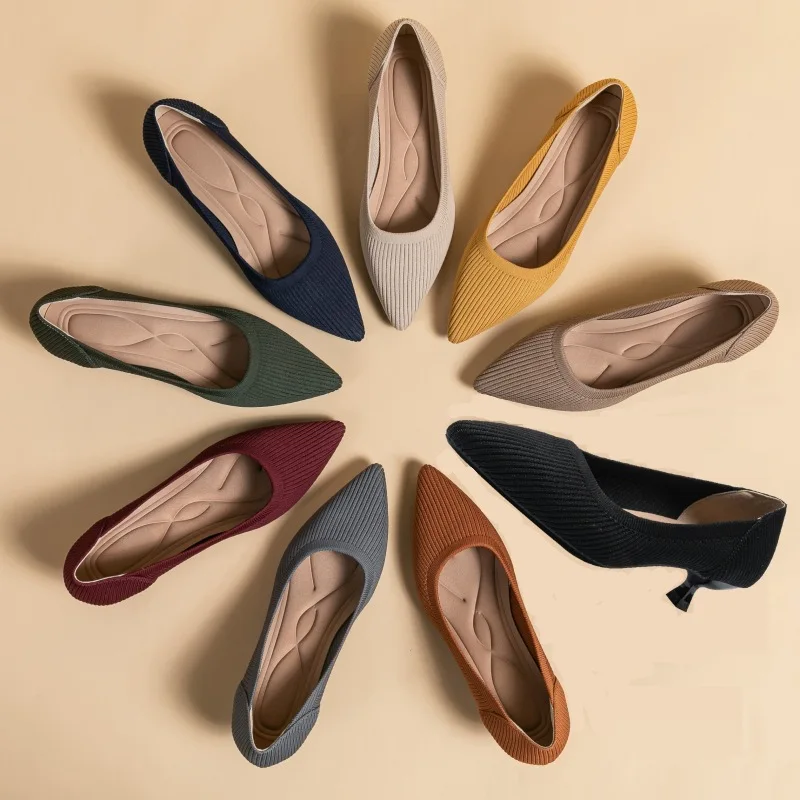 

Women Solid Knit Mesh Casual High Heels Autumn Pointed Hollow Fly Weaving Comfort Light Soft Breathable Pumps Zapatos De Mujer