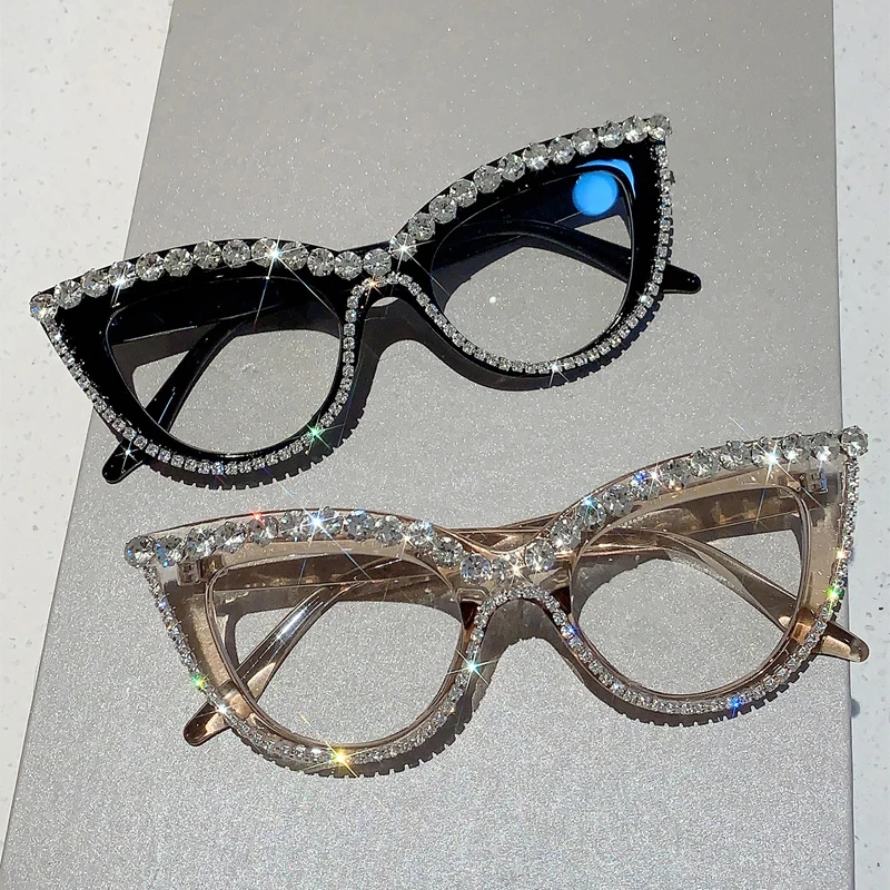 Women Glasses fashion eyeglasses Retro Cat Eye Glasses With Rhinestones for Women KAMMPT Oversized Spectacles