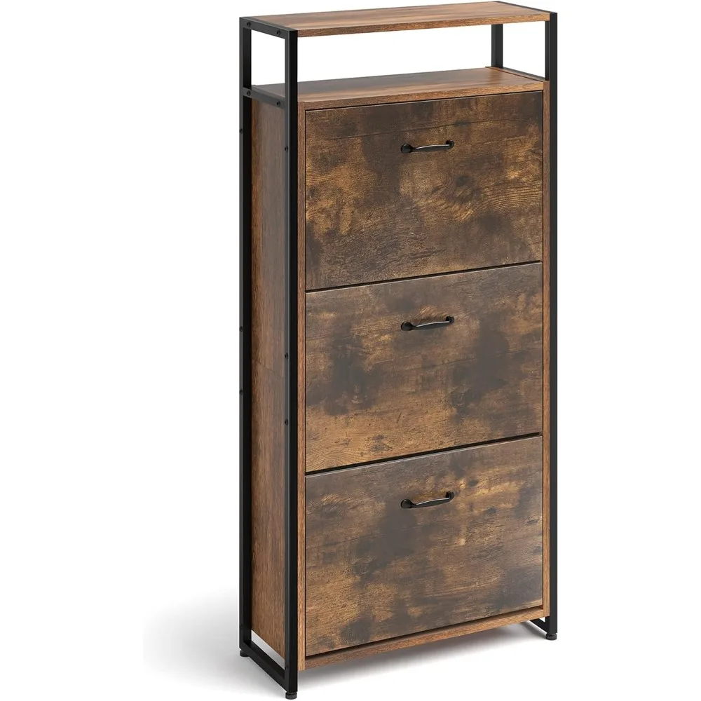 3 Drawer Industrial Shoe Cabinet, Slim Freestanding Wood Shoe Rack Storage Organizer Stand with Flip Doors, Open Storage Shelf