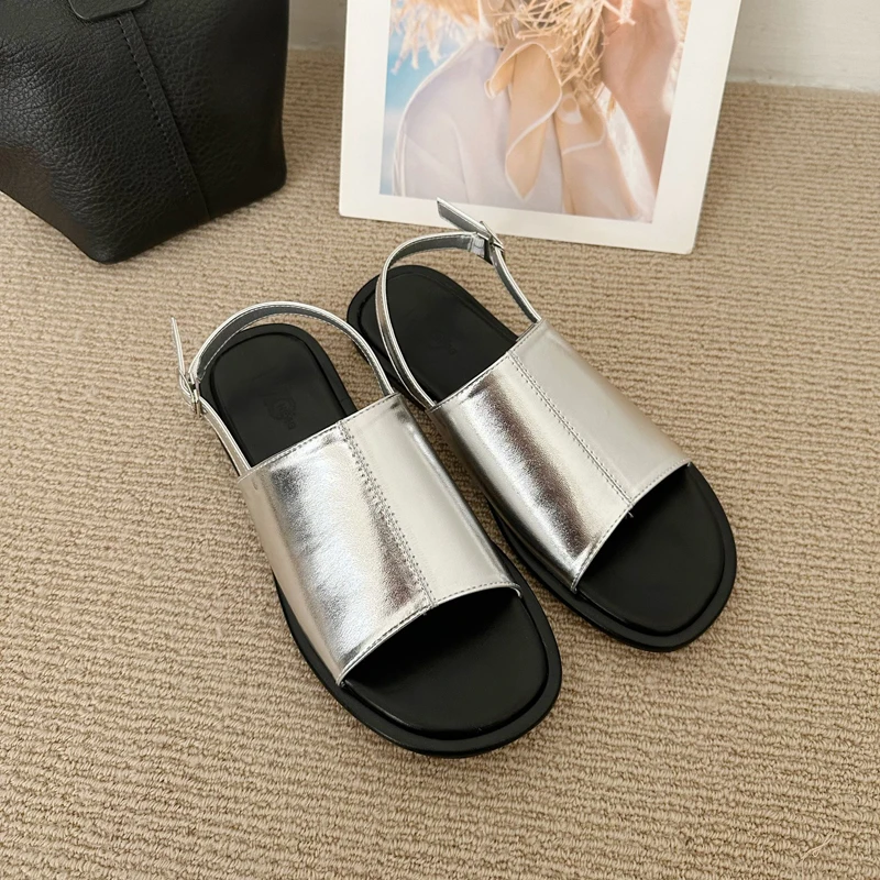 Black Flat Sandals Women Silver Slingback Shoes Retro Summer Flats Beach Shoes Ladies Back Buckle Sandales Femmes