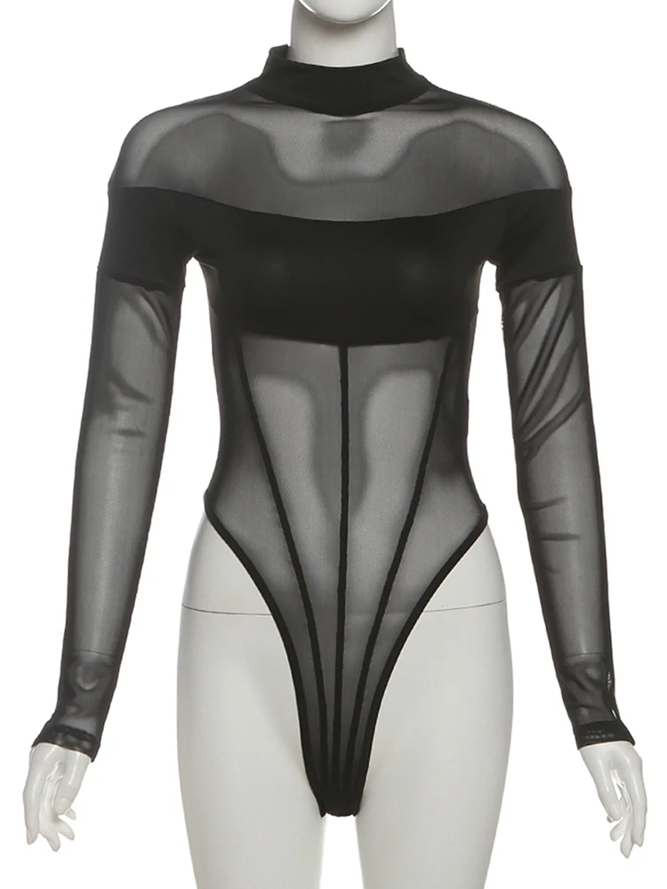 Nibber Patchwork Half Turtleneck Bodysuits Women See Through Fake Fishbone Decoration Sexy Party Street Fashion Midnight Outfit