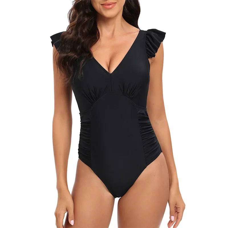 

Sexy V-Neck One Piece Swimsuit For Women Ruffle Shoulder Swimwear Ruched Monokini Bodysuit High Waisted Bathing Suit Beach Wear