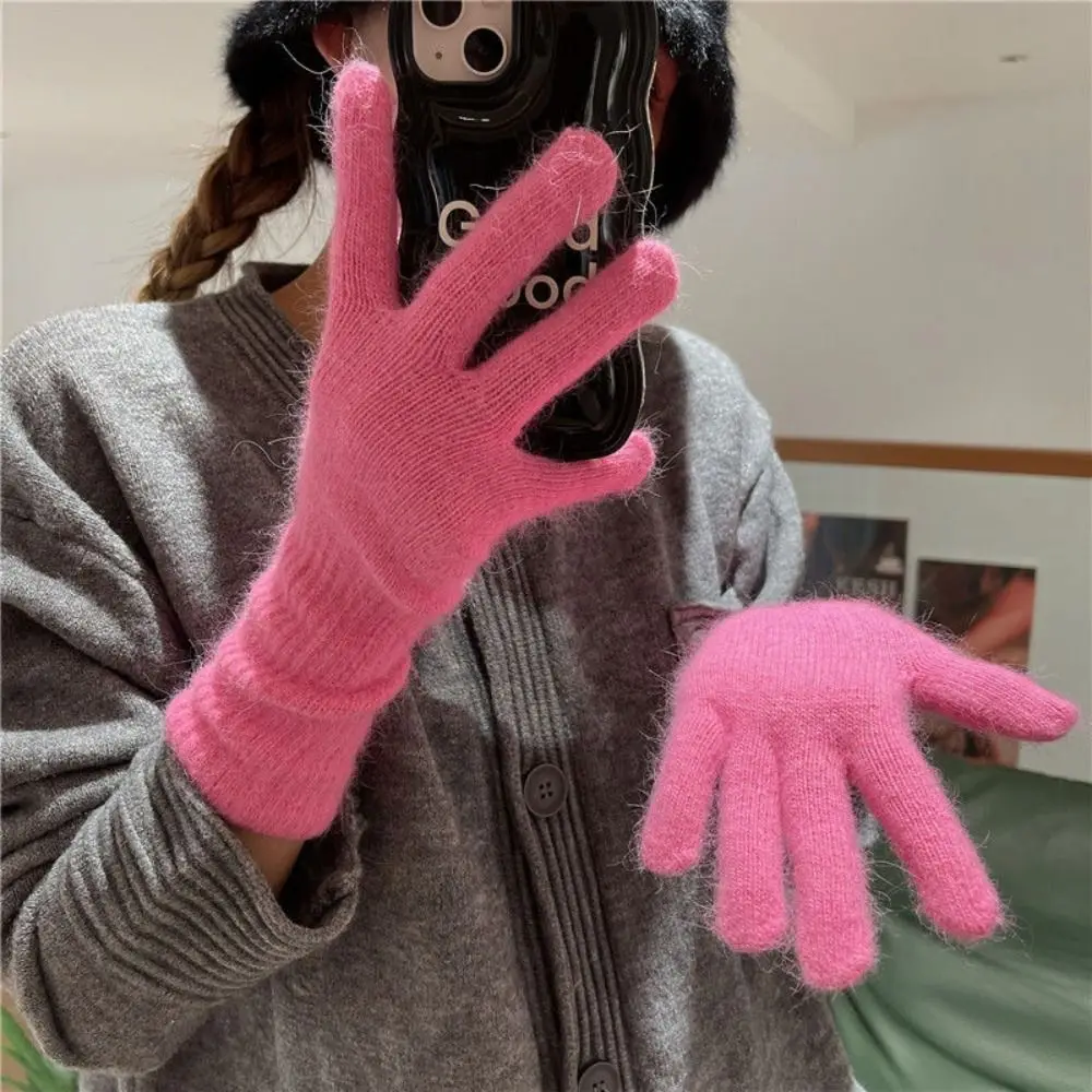 Women's Fashion Thermal Knitted Gloves Striped Rabbit Fur Autumn Winter Warm Gloves Thickened Windproof Split Finger Long Gloves