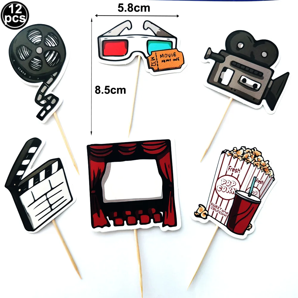Glitzer Happy Birthday Movie Cake Toppers Kamera Cake Toppers Videorecorder Popcorn Family Movie Night Themed Partyzubehör – Detail 3