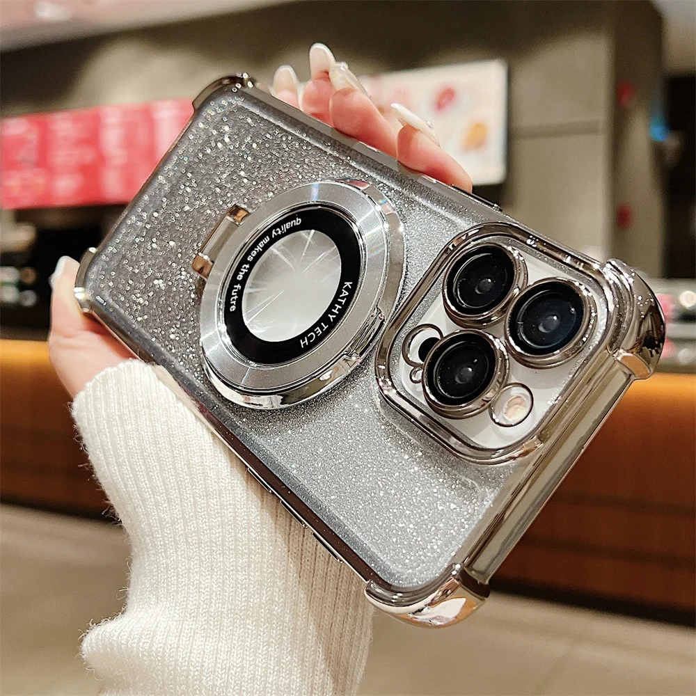 Farbverlauf Glitzer Magnetständer Klare Handyhülle für iPhone 15 14 Plus 13 12 11 Pro Max Bumper Objektivschutz Hard Cover_voghion.com