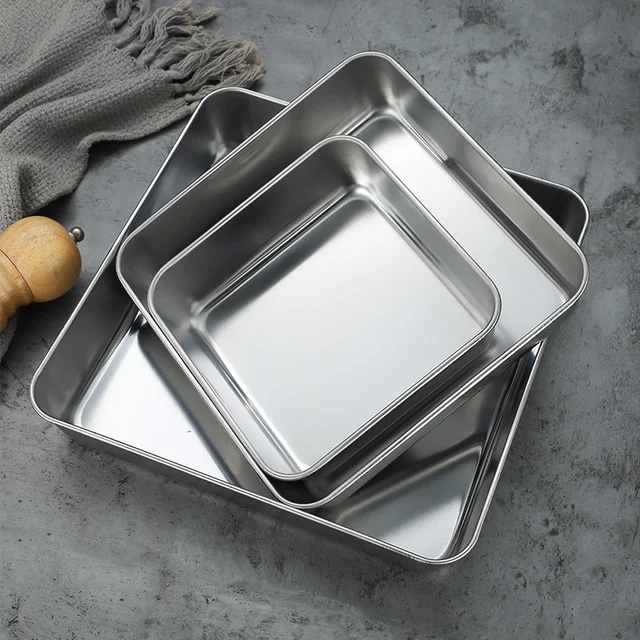 304 Flat Bottom Stainless Steel Square Tray Baking Pan Multifunctional  Dessert Straight Edge Baking Tray Kitchen Storage Tools - AliExpress