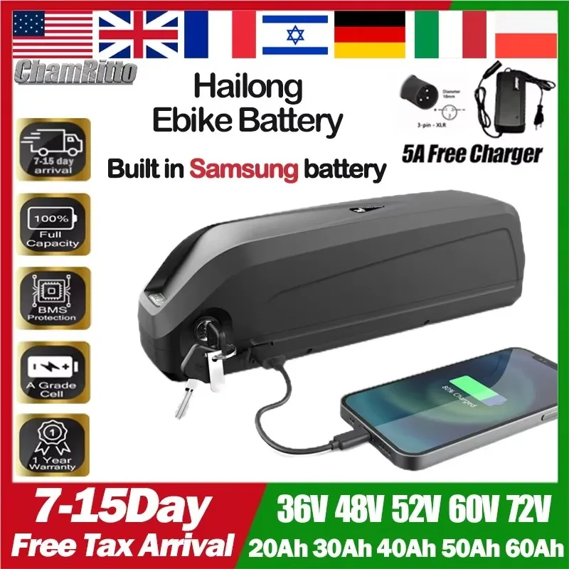 48V Hailong Battery 52V EBike Downtube Battery 36V 60V 72V 20 30 40 50AH Electric bicycle batterie 2000w 1500w 750w Lithium Pack