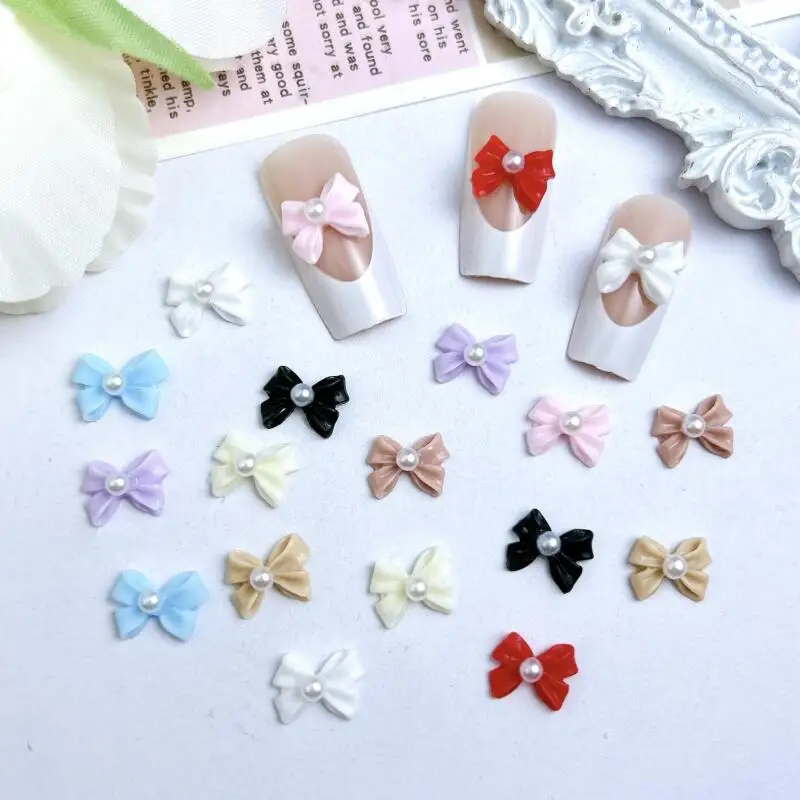 20PCS 솔리드 컬러 진주 Bowknots 네일 매력 3D 미니멀리스트 광택 넥타이 수지 네일 아트 장식 DIY 머리핀 손톱 장식품