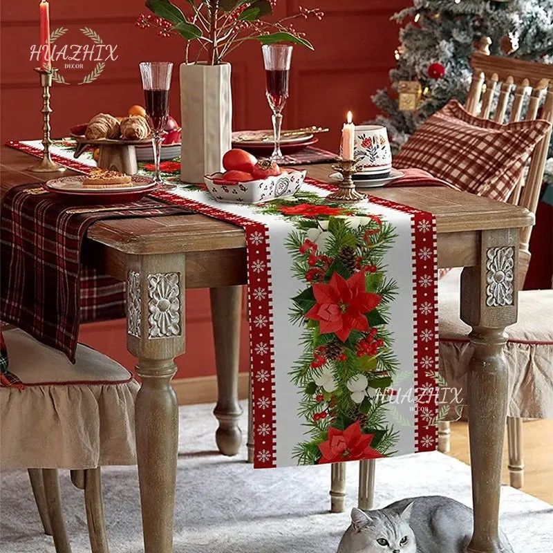 

Christmas Tree Pattern Table Runner Pine Needles Snowflake Wedding Christmas Decor Table Cover Xmas Party Tablecloth Washable