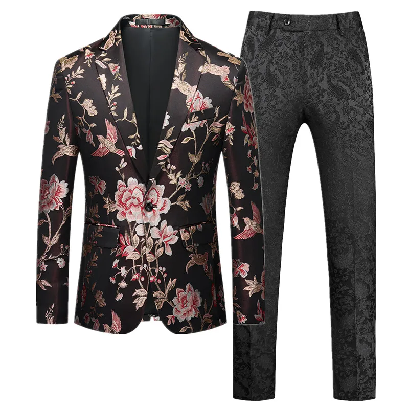 Men's Jacquard Suit British Style Men Business Wedding Party Tuxedo Dress Blazer and Pant, Male Slim Fit Clothing