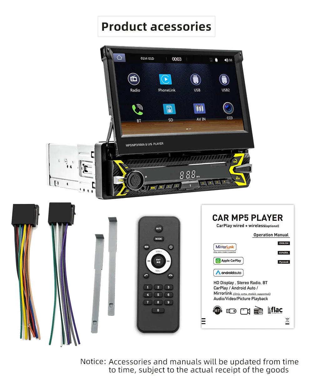 1Din Car Radio Player 7"MP5 Player Retractable Touch Screen Car Wireless CarPlay Android Auto Mirror Link Video USB TF BT Player 24 S92aadedda4174543bf6e6f1583b3f450E 1Din Car Radio Player 7"MP5 Player Retractable Touch Screen Car Wireless CarPlay Android Auto Mirror Link Video USB TF BT Player