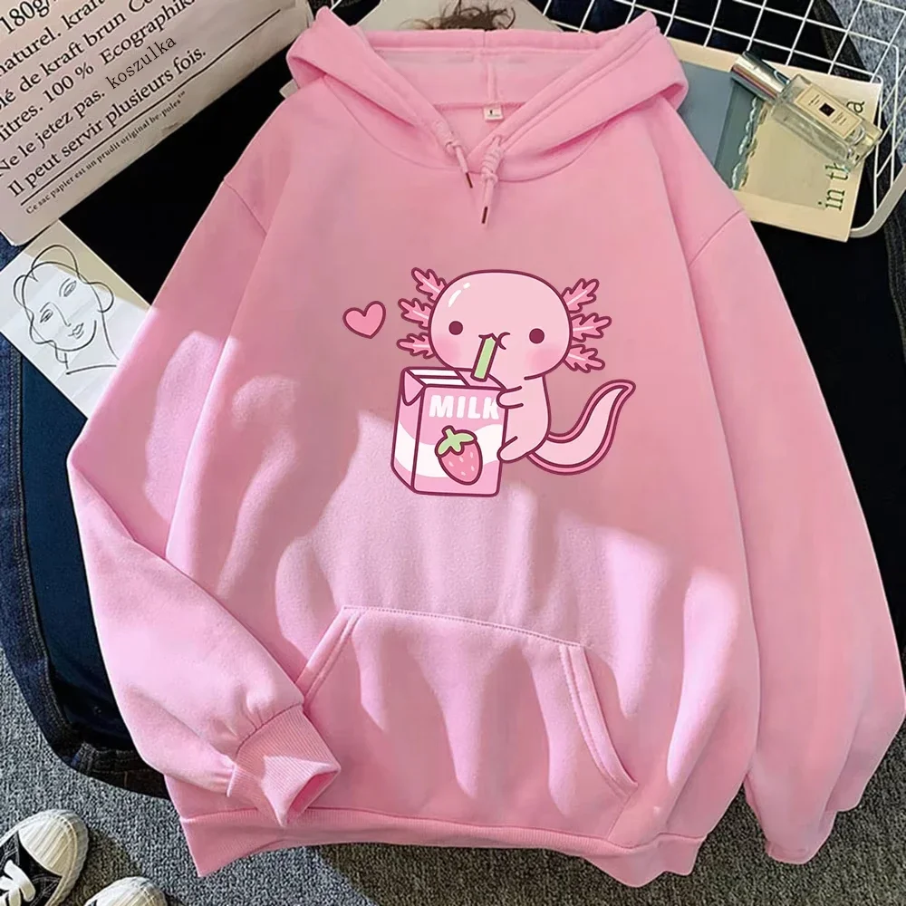 2025 Anime Axolotl Loves Strawberry Milk Doodle Hoodie Kawaii Hoodies Winter Women Spring_Autumn Unisex Sweatshirt Harajuku