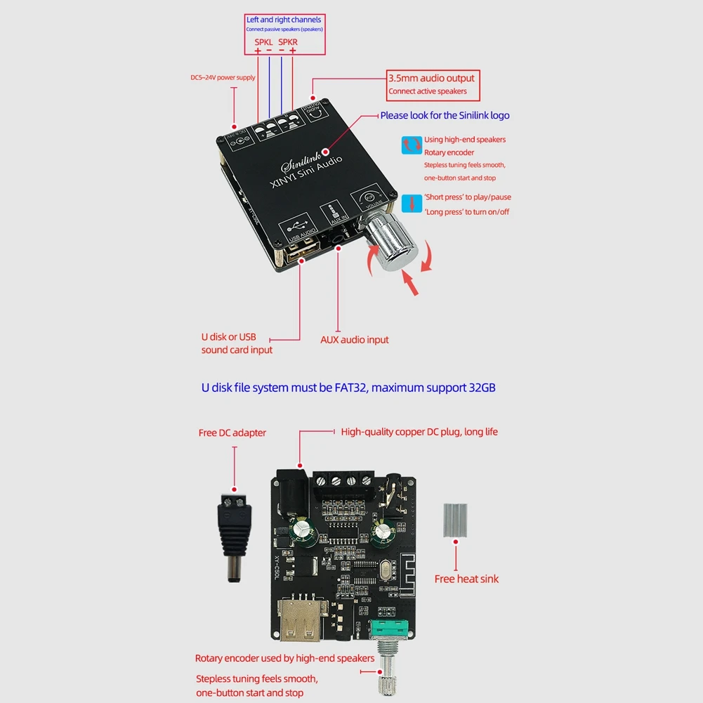 XY-C50L 블루투스 5.0 AUX 디지털 파워 앰프 보드, 2X 50W 스피커, 스테레오 오디오 앰프 모듈, 홈 뮤직