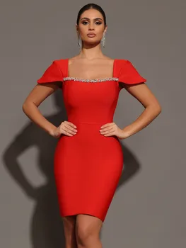 Women Celebrity Sexy Square Collar Black Red Mini Bodycon Bandage Dress 2024 Knitted Elegant Evening Club Party Outfit 1