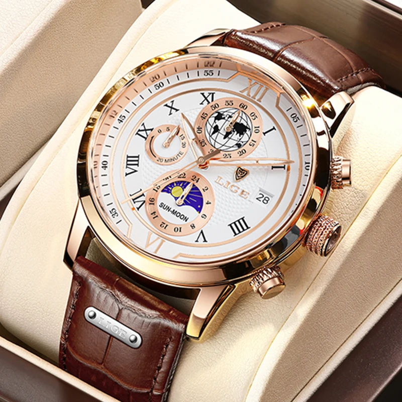 LIGE Fashion Leather Watch Men Casual Business Men's Quartz Wristwatches Military Sports Waterproof Chronograph Montre Homme+BOX