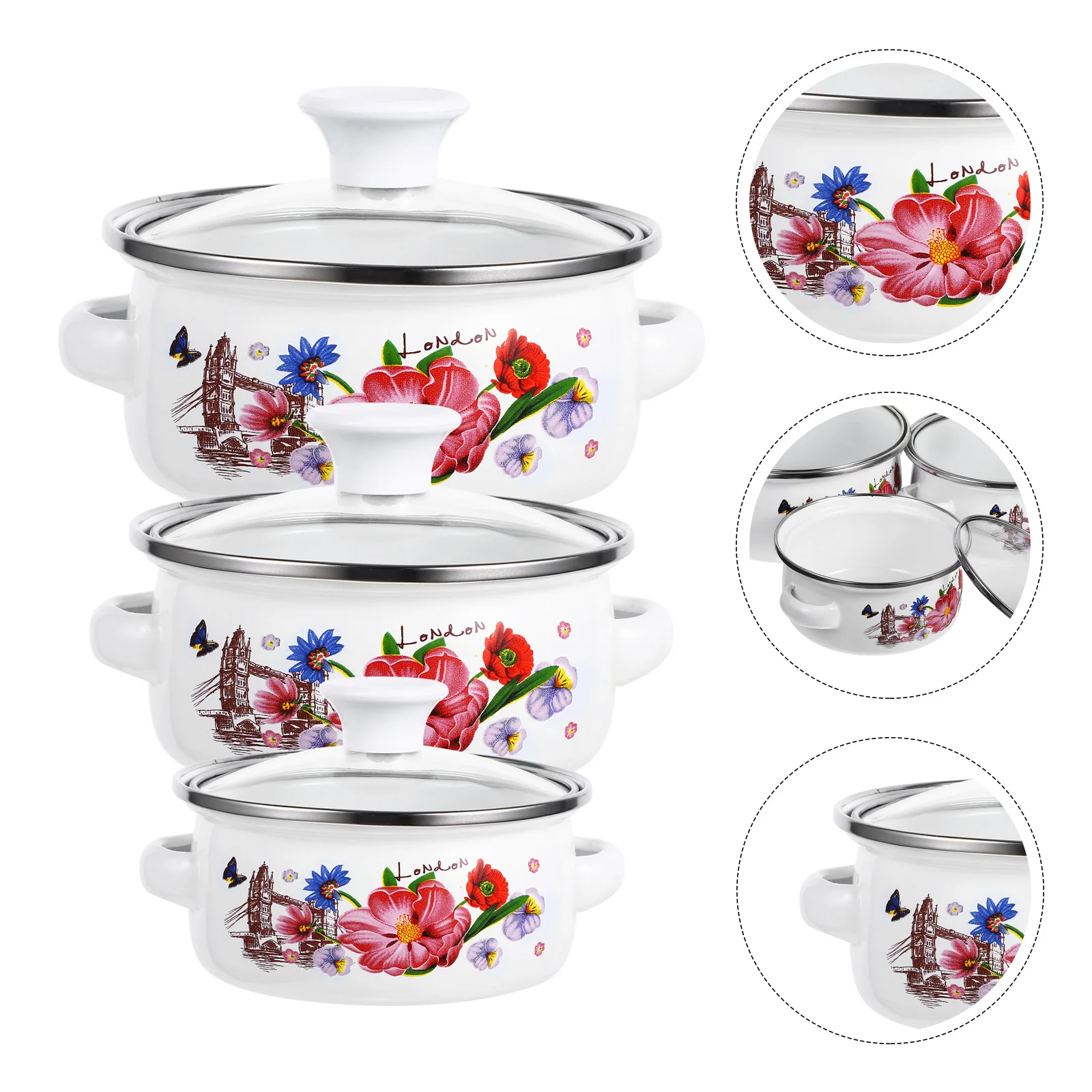 

Kitchen Enamel Stockpot Lid 3Pcs Retro Flower Stew Bean Cooking Pot Vintage Soup Pot Handles Nonstick Simmer Pot