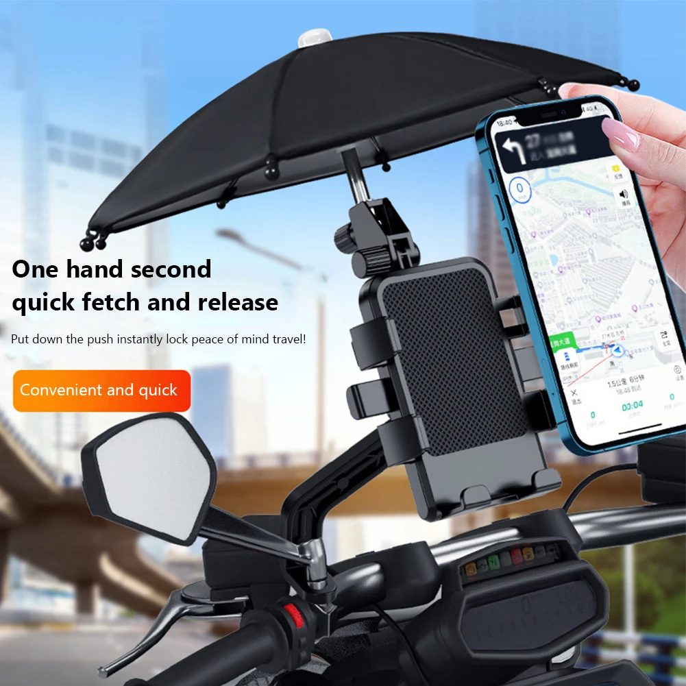 

Motorcycle Bike Phone Holder Stand 360° Rotation Cell Phone Holder Clamp With Umbrella Sunshade Riding Navigation Bracket