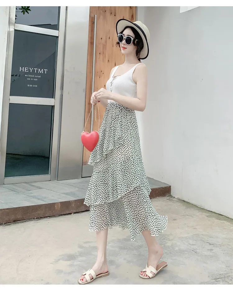 Summer Skirts Womens 2022 New Polka Dots Floral Print Chiffon Pleated Skirt Irregular Cake Skirt Casual Midi Skirt Women Clothes hoop skirt