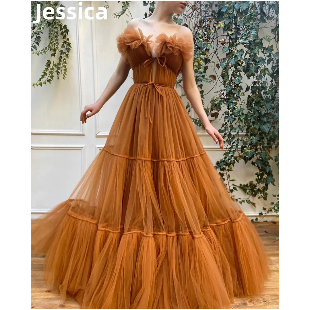 

Jessica Sexy Strapless Prom Dresses Brown Tulle Graduate Prom Dress Princess Formal Occasions Party Dresses 2024Vestidos DeNoche