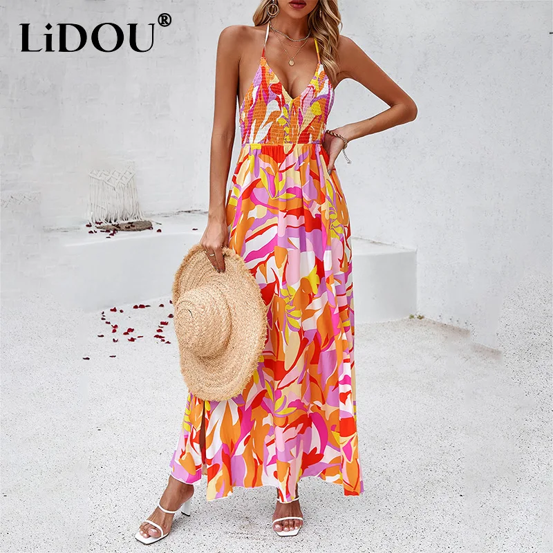 

Summer New Casual Fashion Vintage Floral Printing Halter Dress Ladies Beach Holiday Sexy Elegant Robe Women's Sleeveless Vestido