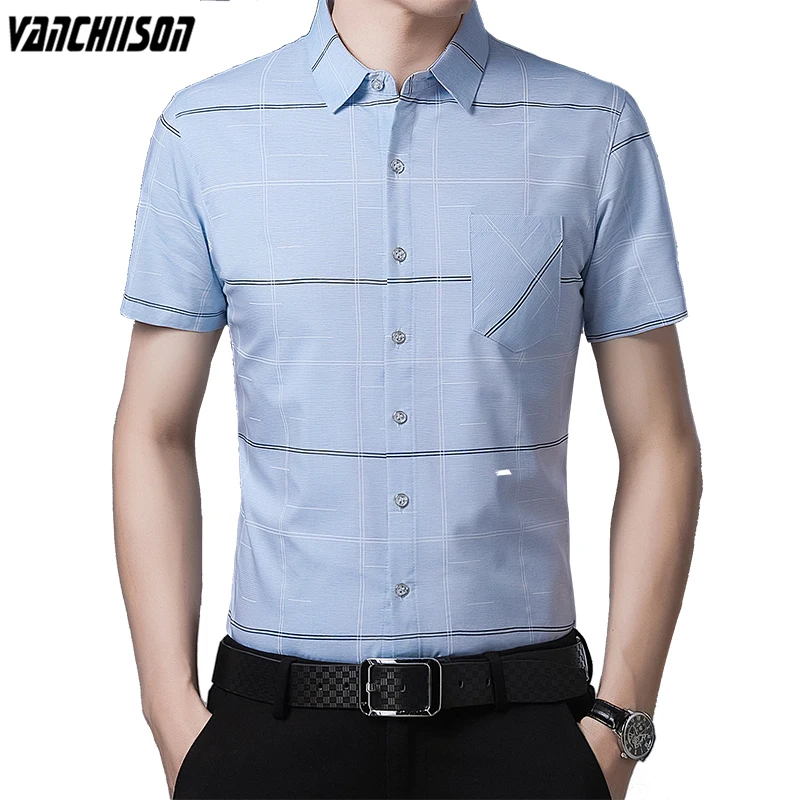 

Men Shirt Tops Short Sleeve for Summer Big Plaids Business Smart Casual Male Fashion Clothing 00839