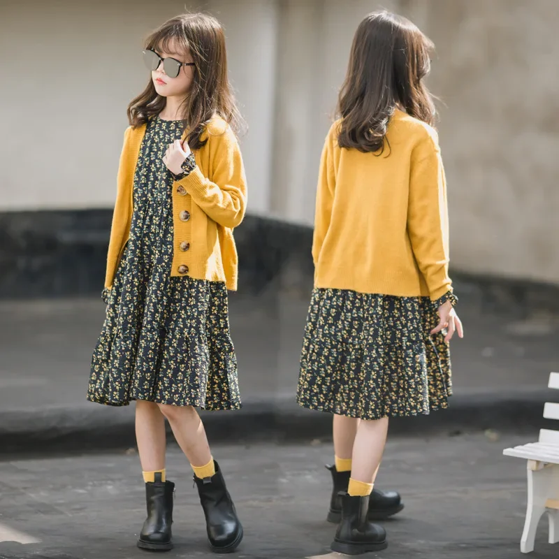 

4 To 16 Years Kids Midi Dress Teen Girls Floral Princess Dress 2022 Autumn New Children Cotton Clothing Mid Length