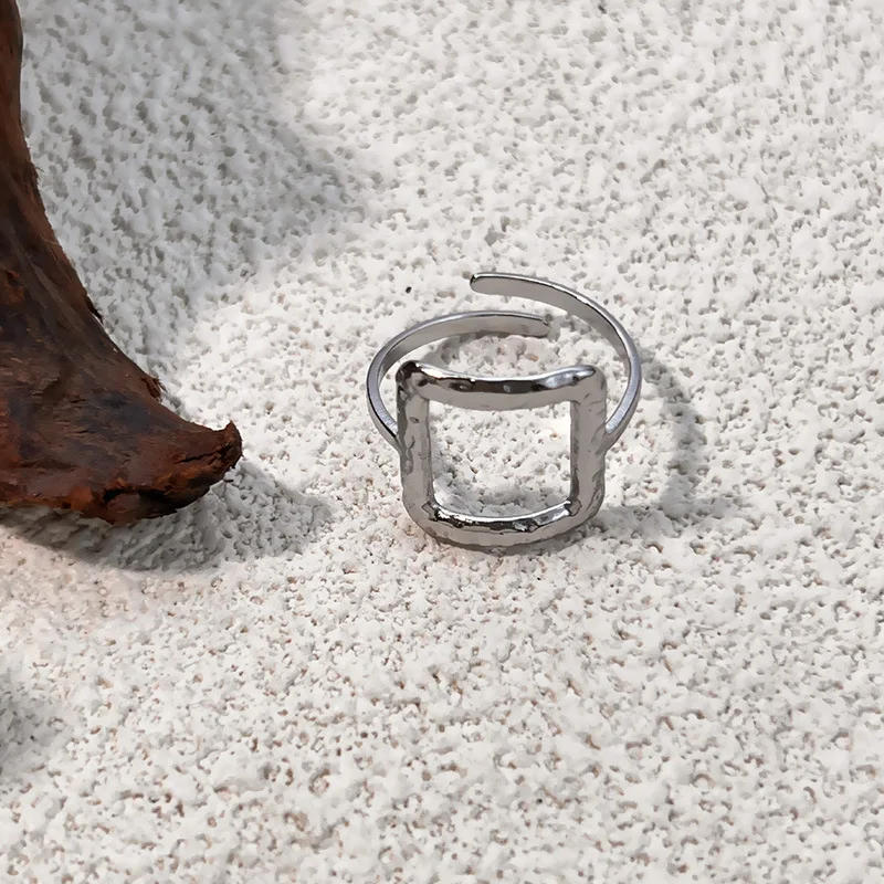 Punk Silver Color Irregular Geometric Ripple Twisted Rings Hollow Out Square Oversize Wide Ring Everyday Accessories Jewelry New