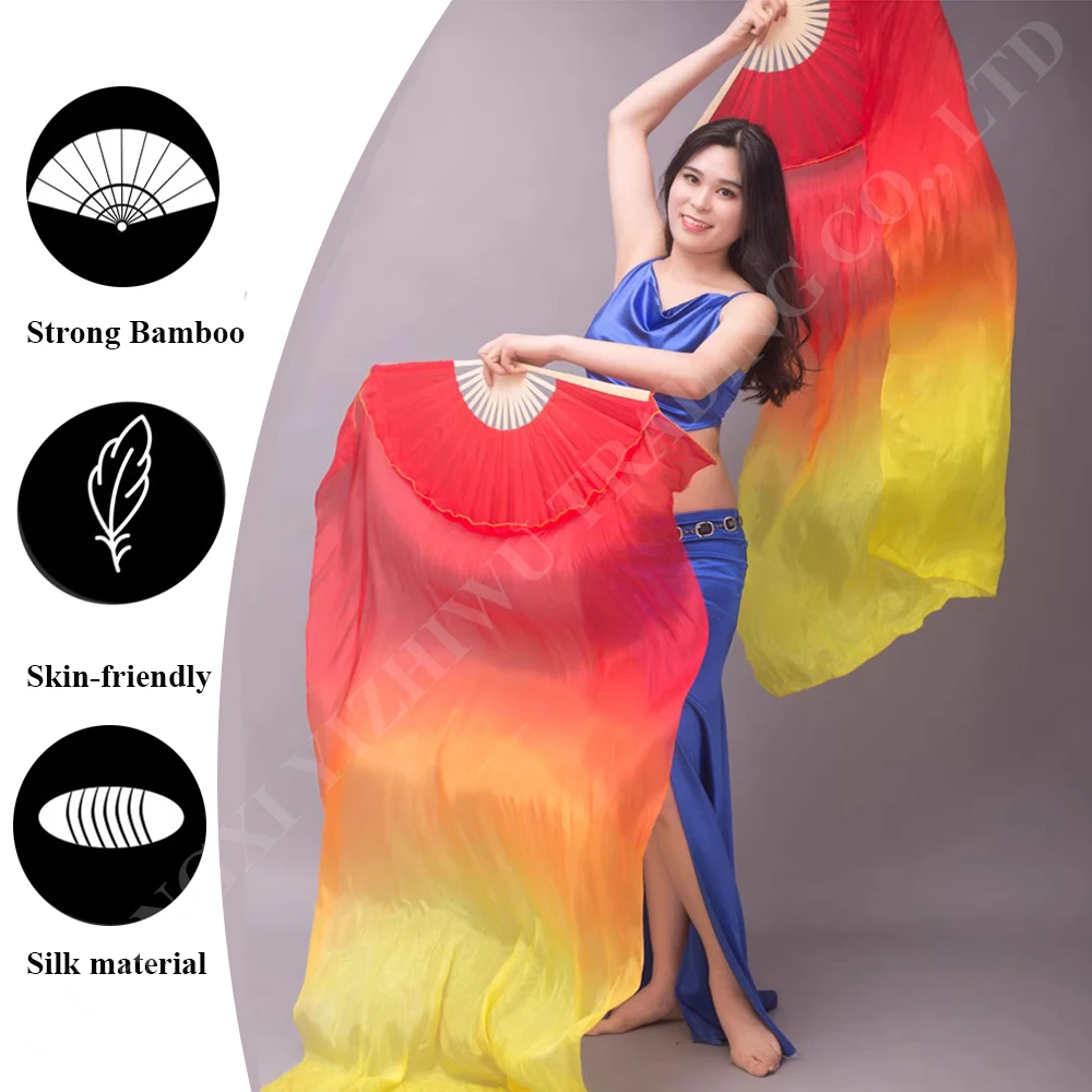 

High Quality 1 Pair Real Silk Belly Dance Fan Veils Chinese Belly Dancing Long Fans