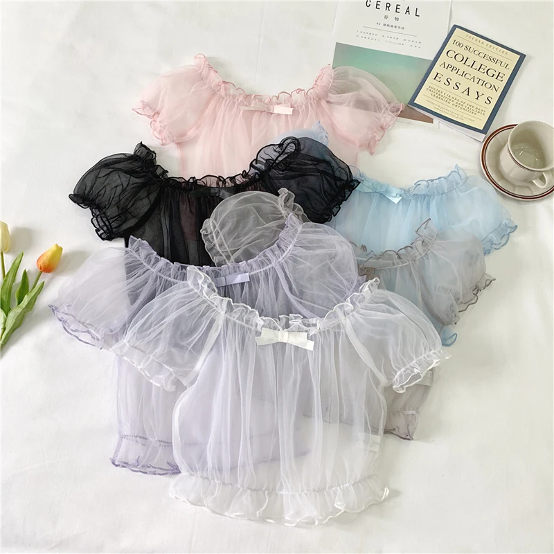 Women Super Fairy Sheer Mesh Short Sleeve Tops Transparent Sweet Princess Lolita Shirts Kawaii Lace Tops Mori Girl Bottom Blouse lolita blouses
