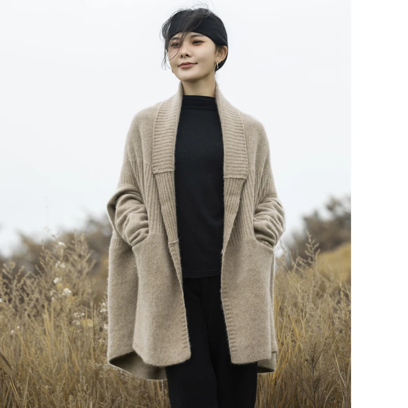 

Ladies long sleeve knitted padded cardigan new 100% sweater solid color V loose fashion warm long coat in autumn and winter