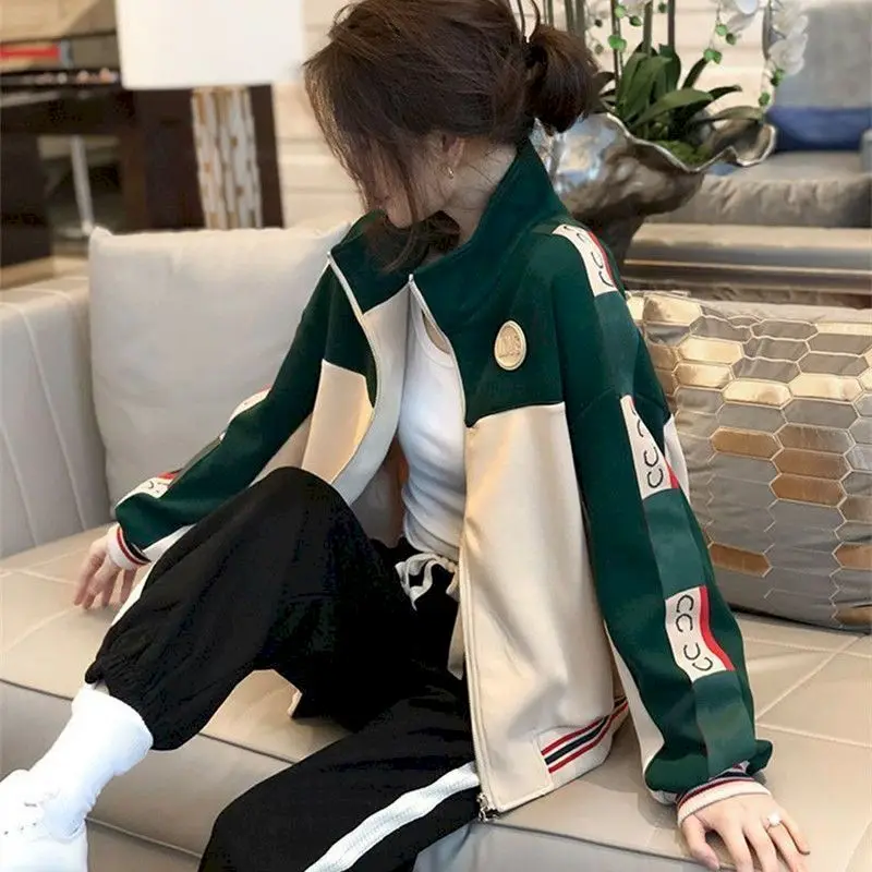 2025 Spring Autumn Thin Coat Korean Style Stand-up Collar Cardigan Jackets Women Color-block Stitching Loose Casual Jacket Trend