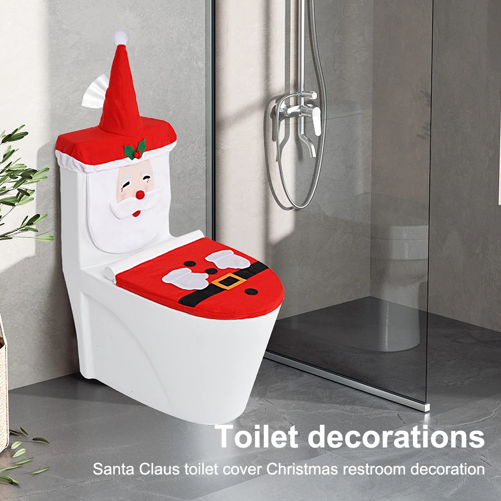 Christmas Toilet Seat Cover And Rug Set - 3-Piece Bathroom Decor With Toilet Mat & Lid Cover For Holiday Home Decorating