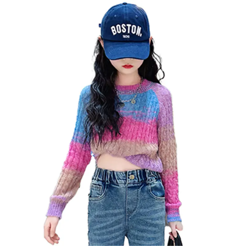 

Свитер для девочек на весну-осень, вязаная одежда для малышей, детские вязаные топы, детская одежда, уличный костюм для малышей с радужным принтом от 4 до 14 лет