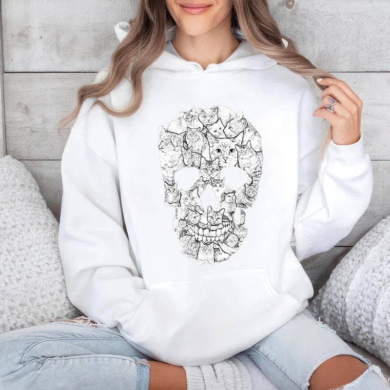 Cat Skull Printed Women's Autumn and Winter Hoodies Fleece Sweatshirt Loose Tops - Image 5