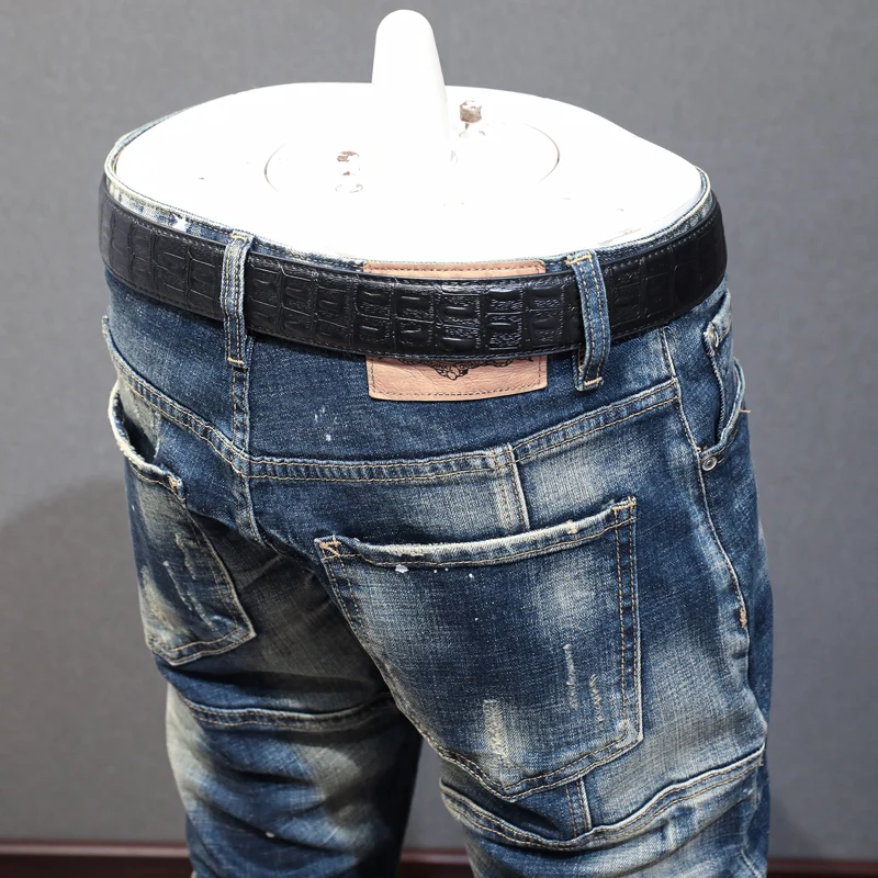 Street Fashion Men Jeans Retro Blue Elastic Stretch Slim Fit Ripped Jeans Men Spliced Designer Hip Hop Denim Biker Pants Hombre