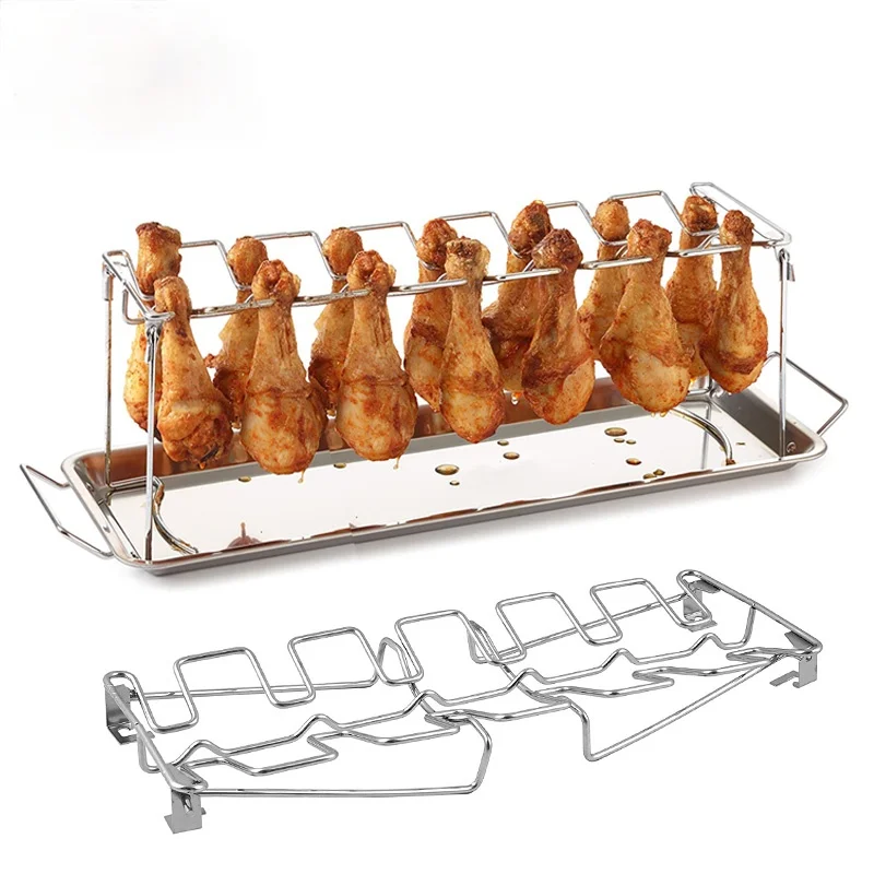 BBQ Beef Chicken Leg Wing Grill Rack 14 Slots Stainless Steel Barbecue Drumsticks Holder Oven Roaster Stand with Drip Pan Tools