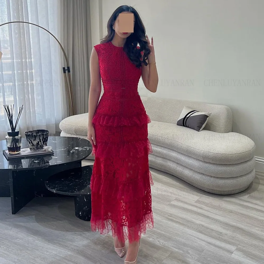 Red Sleeveless lace Formal Occasion Dresses 2024 High Neck Mermaid Long Ball Gown Ankle-Length Evening Party Gown فساتين الحفلات