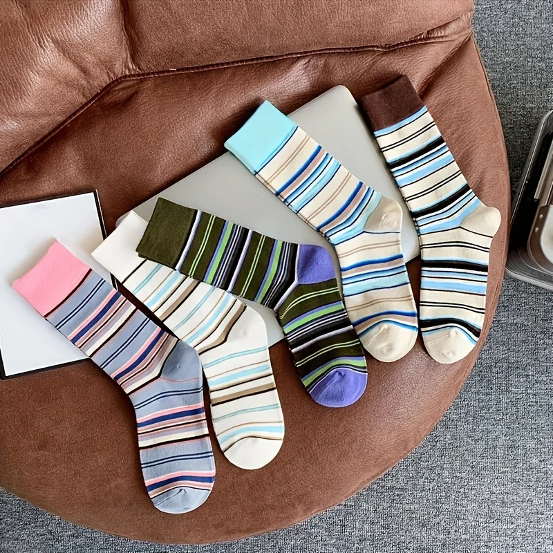 

Colorful Striped Mid Tube Socks for Comfort, Breathability, Retro Casual Contrast Color Socks