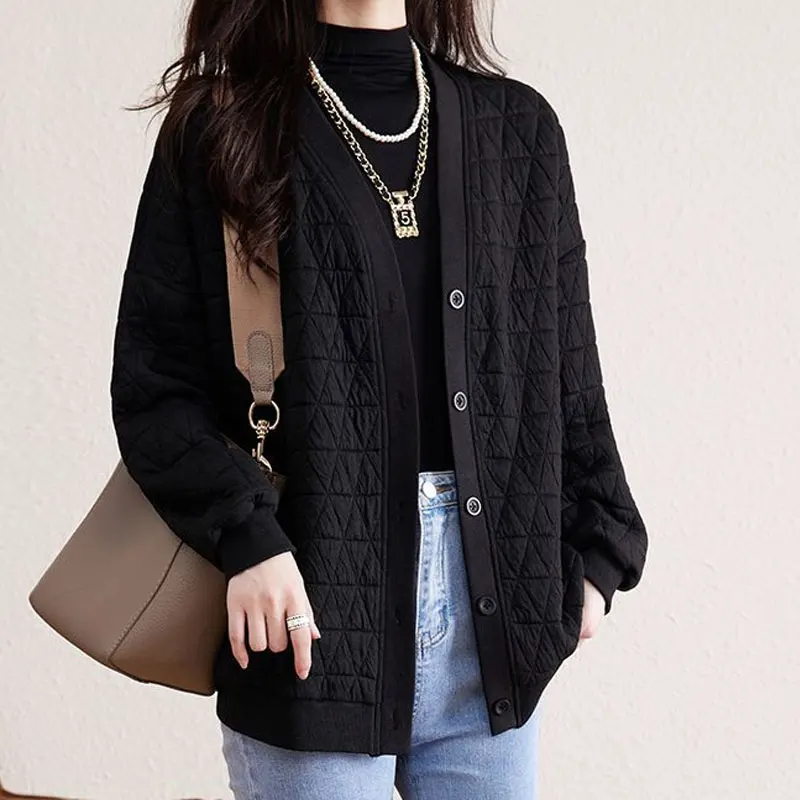 Women Clothing 2023 Fashion Loose Long Sleeve V-neck Solid Thin Buttons Office Lady Simplicity Streetwear Autumn Winter Jackets