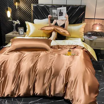 Set biancheria da letto in seta rayon solido con copripiumino Lenzuolo Federe Lusso King Singola Doppia Coppia Federa in raso Lenzuolo 1