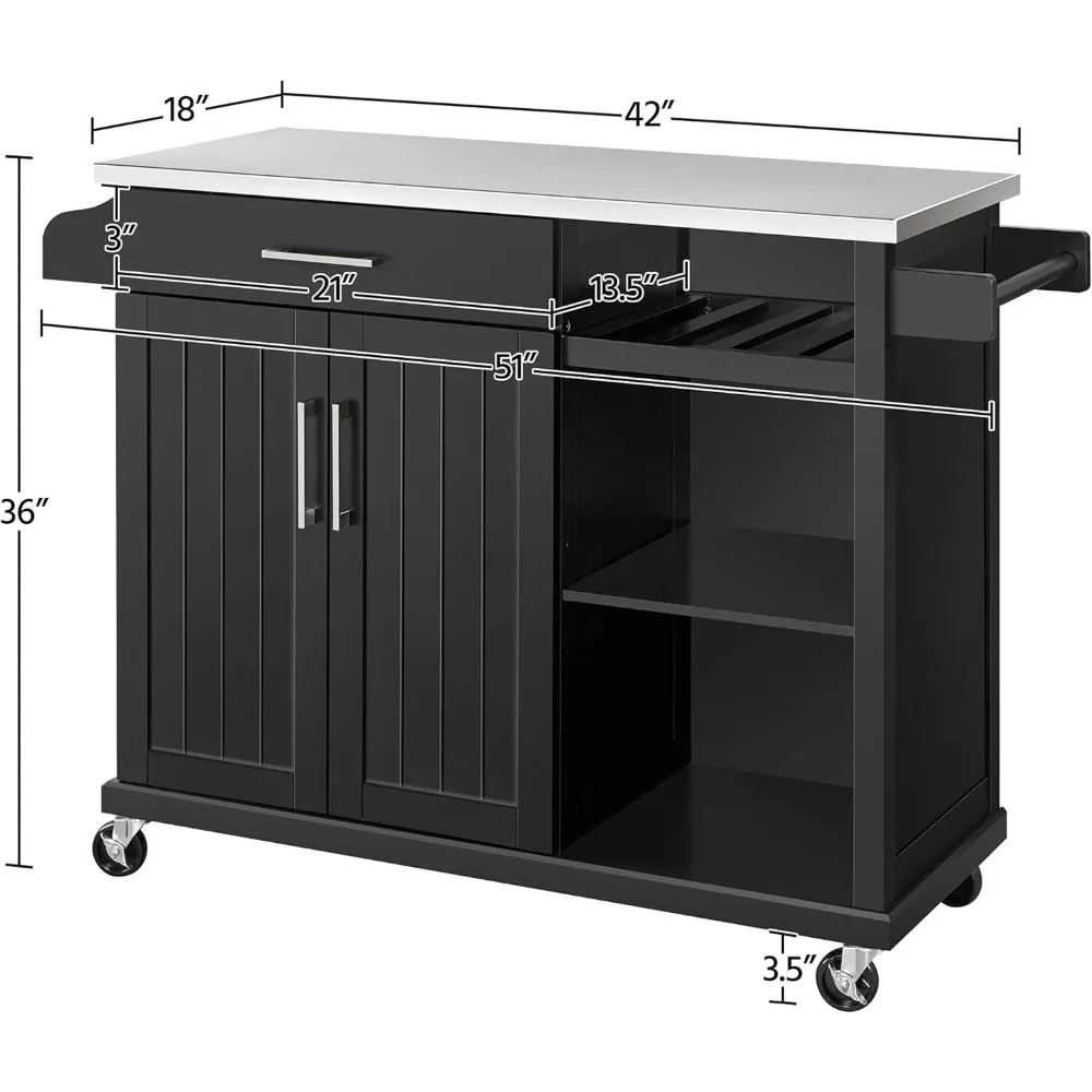 Kitchen Cart with Stainless Steel Top and Storage Cabinet, Kitchen Island on Wheels with Drawer & Open Shelves & Wine Rack & Sp