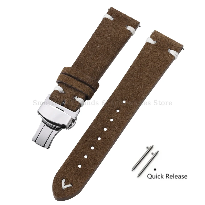 Vintage Handmade Suede Stitch Leather Watch Strap with Quick Release and Folding Clasp