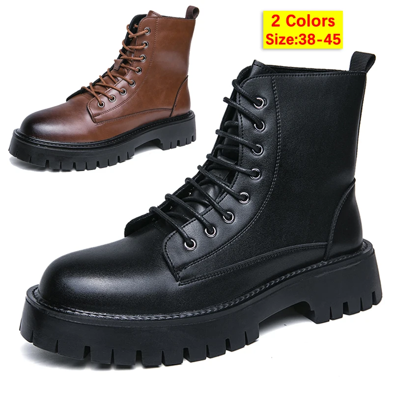 

Size 38-45 Men's Formal Round Toe High Cut Shoes Fashion Microfiber Leather Motorcycle Boots Business Lace-up Ankle Boots Black