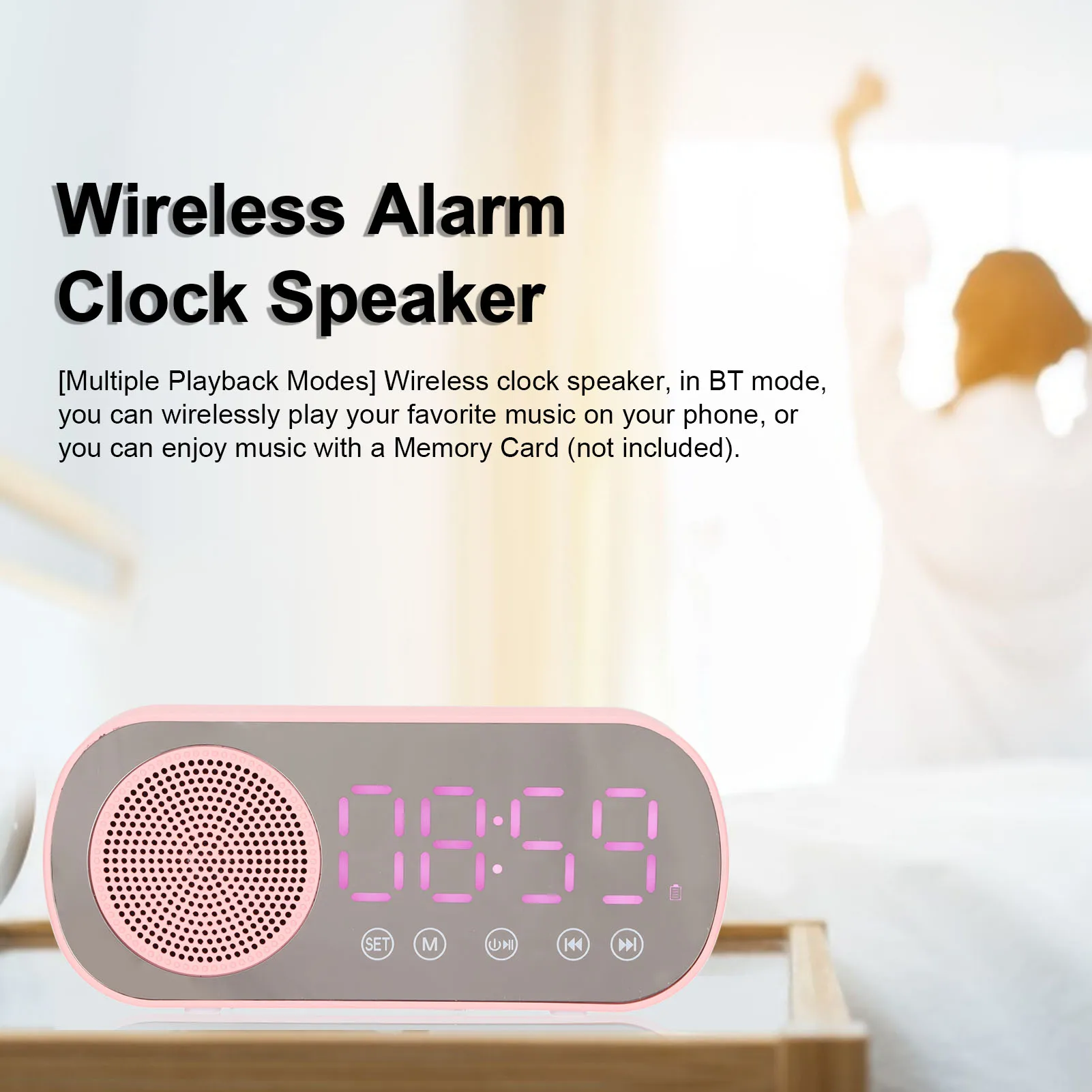 알람 시계 블루투스 스피커 FM 라디오 미러 시계 HIFI USB 충전 LED 디스플레이 휴대용 핑크 1600mAh 여행용