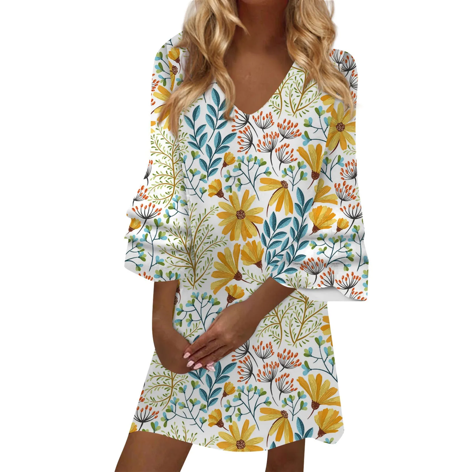 

Women's Summer Dress 2023 Temperament Elegant Fresh Printed V-neck 3/4 Sleeves Mini Dress Ladies Luxury Mini Dress Free Shipping