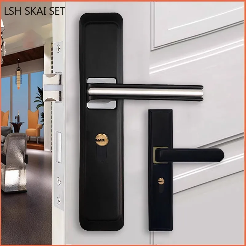 

Modern Black Aluminum Alloy Door Lock Bedroom Wooden Door Handle Lockset Bathroom Silent Magnetic Lock Household Hardware
