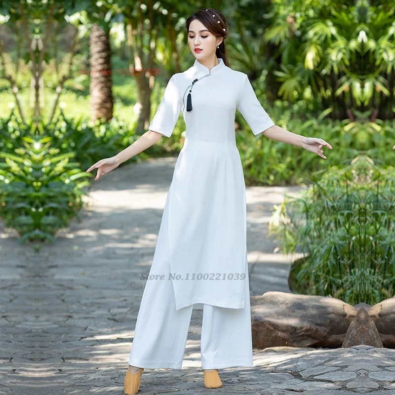 

2024 chinese traditional cheongsam folk dance costume stage performance mesh qipao dress+pants oriental vintage dance dress
