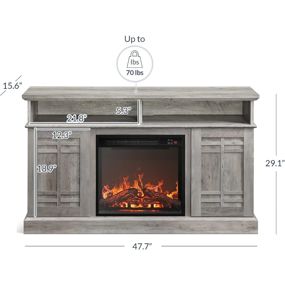 48" TV Stand with 18" Electric Fireplace Heater, Modern TV Stand for TVs up to 50", Entertainment Media Stand with Open 3