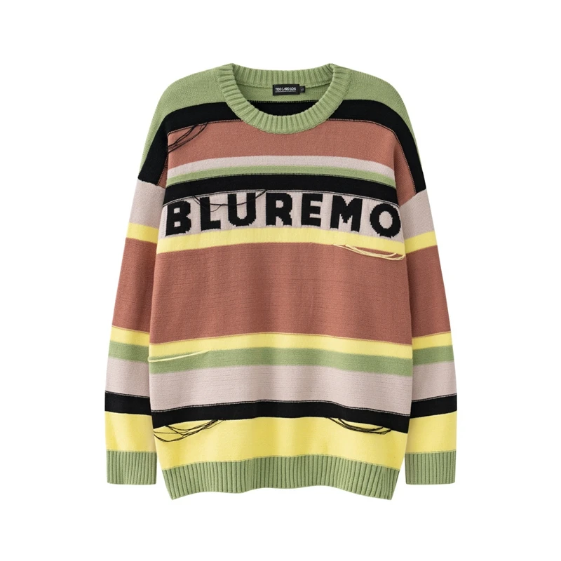 

Color Match Letter Striped Pullover Crew Neck Men's Sweater Loose Retro High Street Knitted Patchwork Couple Winter Clothes