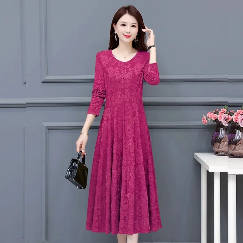 Women Korean Middle-aged Elderly People Dress 2023 Autumn/Winter Gold  Velvet Solid Embossed V-Neck Long Sleeve Swing Mom's Dress - AliExpress  200000345